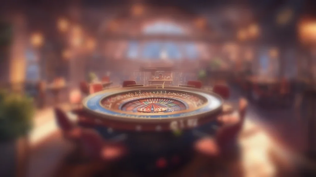 An advertisement for a casino. The image shows a large, ornate roulette table. The table is in focus, while the background, which appears to be a well-lit casino floor with other gaming tables and a chandelier, is blurry. The "AP33" logo is in the bottom right corner.