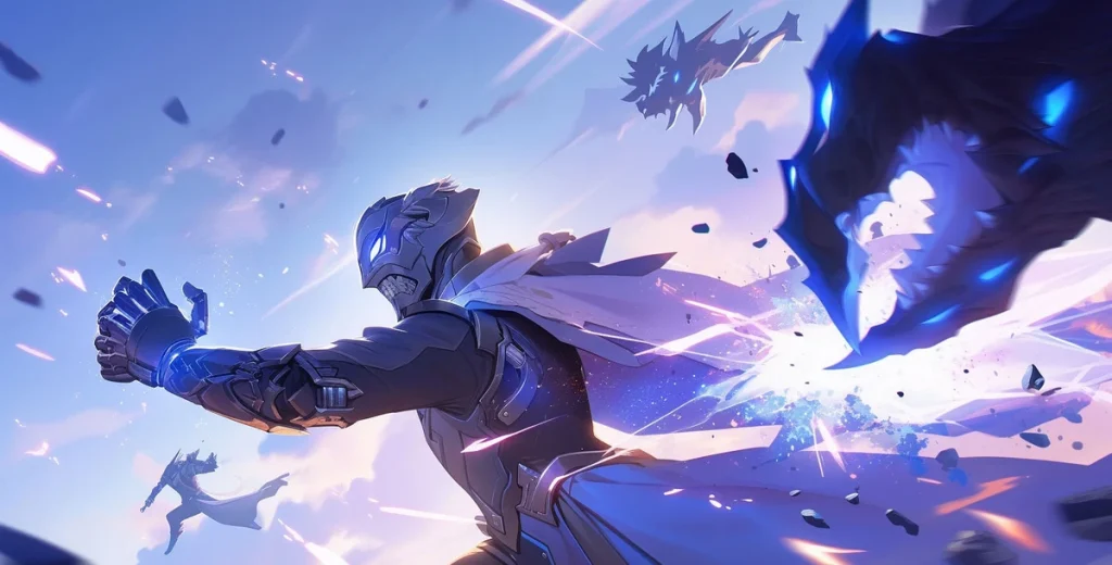 An advertisement for a game or entertainment service. The image features a heroic figure in futuristic armor with blue glowing lines, standing in a dynamic pose as if deflecting an attack. Several flying, spiky, dark creatures are in the background, one of which appears to be a monster with glowing red eyes. The scene takes place in a bright, ethereal sky with clouds. The "AP33" logo is in the bottom right corner.
