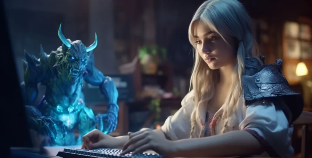 A cinematic image of a young woman with a long blonde hair, wearing a white shirt and a metal shoulder armor, sitting at a desk and typing on a keyboard. A large, glowing blue, horned demon is visible next to her. The background is a dimly lit, cozy room with a bookshelf and a lamp. The scene blends fantasy elements with a realistic setting.