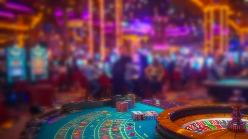 An advertisement for a casino. The image shows a close-up of a roulette table with stacks of colorful poker chips. The background is a blurry array of casino lights and people. The "AP33" logo is in the bottom right corner.