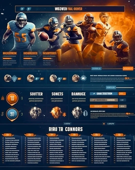 An advertisement for an online sports betting service. The image features a collage of American football players in various poses, with an abstract data overlay showing player stats, team information, and betting odds. The overall color scheme is dark blue and orange, and the "AP33" logo is in the bottom right corner.
