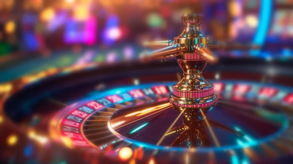 An advertisement for an online casino. The image shows a close-up of a golden roulette wheel. The wheel is in focus, while the background is a blurry array of colorful casino lights. The "AP33" logo is in the bottom right corner.