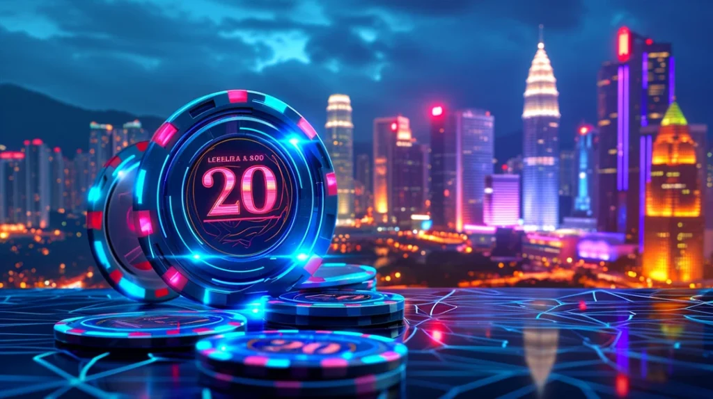An advertisement for an online casino. The image shows several glowing, blue, and red poker chips piled on a dark surface. The surface has a glowing blue grid pattern. In the background is a blurry, brightly lit cityscape at night.