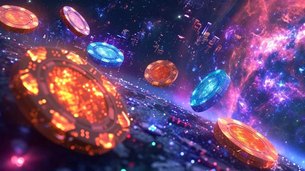 A futuristic image of several glowing, translucent poker chips floating in space. The chips are a mix of orange, red, and blue, with circuit-like patterns on their surfaces. The background is a mix of a city skyline at night and a vibrant, swirling nebula.