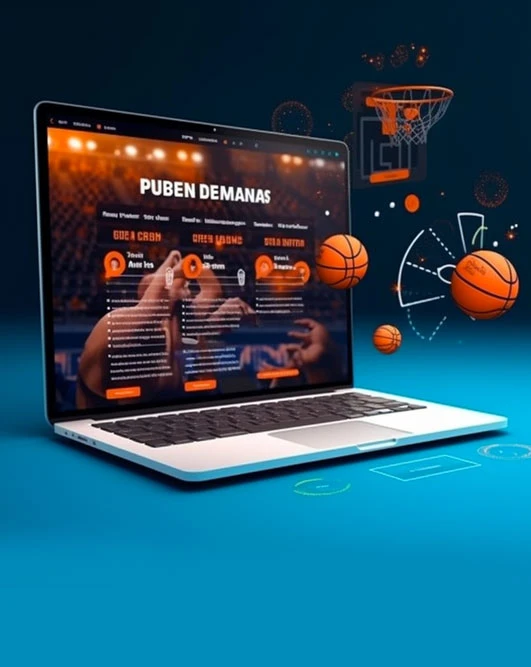 An image of a laptop with a basketball-themed graphic on the screen. The graphic appears to be a website for a sports betting or fantasy sports platform. Basketballs are shown floating and bouncing off the screen, suggesting a dynamic, interactive experience. The background is a solid blue color.