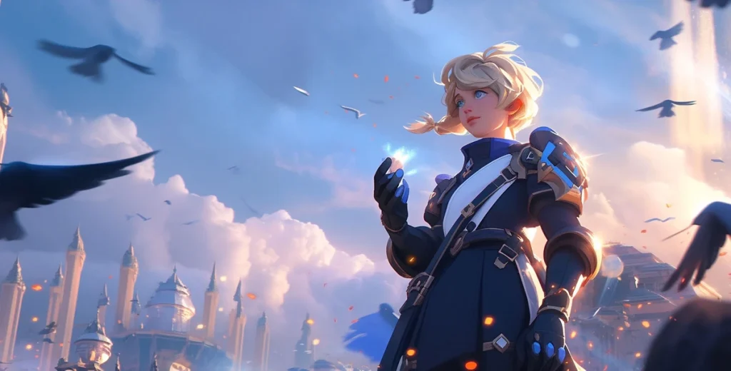 An animated image showing a heroic warrior in blue and black armor, with a flowing cape. He is holding a large, glowing blue sword in front of him. In the background, there is a futuristic cityscape and flying, robotic-looking enemies. The "AP33" logo is in the bottom right corner.