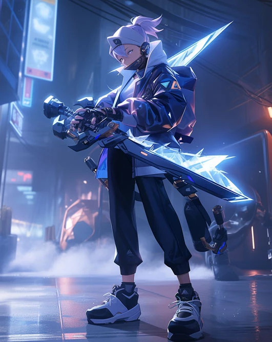 An AI-generated, vertical-format image of an animated, futuristic character with light purple hair and a glowing face shield. The character is wearing a dark blue and white jacket and black pants. They are holding a large, stylized sword made of glowing blue crystals. The setting is a futuristic alleyway at night, and the "AP33" logo is in the bottom right corner.