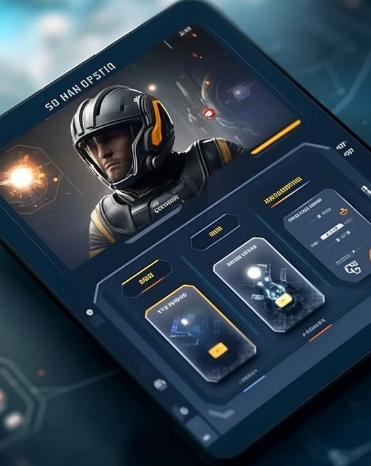 An AI-generated, vertical-format image of a person holding a tablet. The tablet's screen shows a futuristic interface for a game or application, with a character portrait of a man in a helmet at the top. The interface includes various icons and data panels. The "AP33" logo is in the top right corner of the tablet screen.