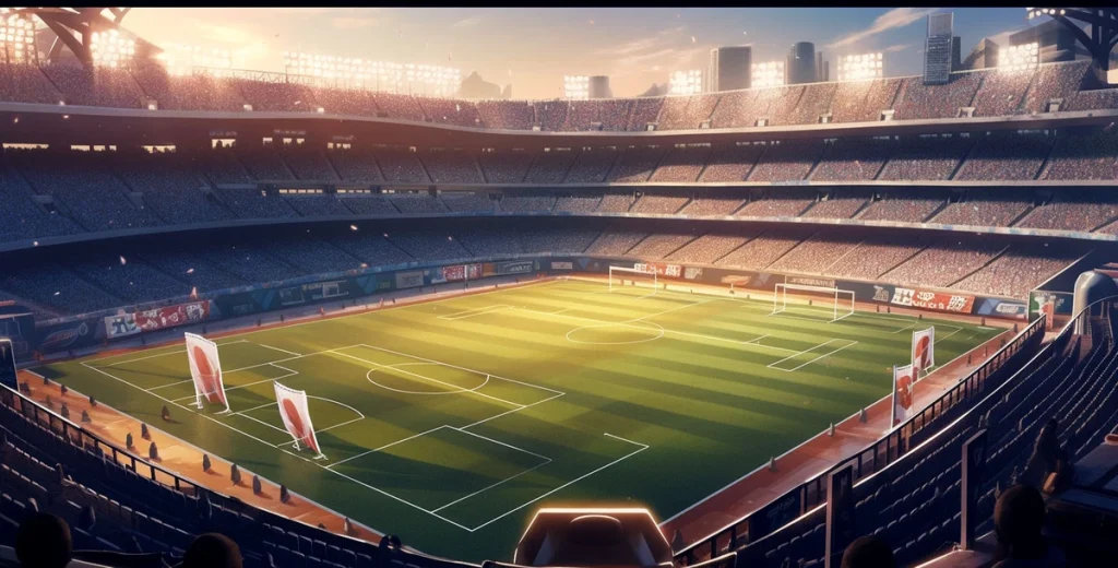 An empty soccer stadium at sunrise or sunset. The field is lush and green, with bright light shining on the center. The stands are empty but create a large silhouette against the sky. Red flags with white circles are placed along the edges of the field. This appears to be an artistic, digital rendering of a stadium.