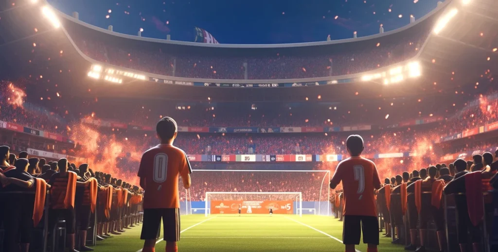 An animated image showing two young boys in orange soccer jerseys, facing away from the camera and looking out onto a large soccer stadium. The stands are full of cheering crowds and fireworks and confetti are going off, creating an exciting atmosphere. The boys are standing with their hands on their hips, and the stadium is lit by bright lights.