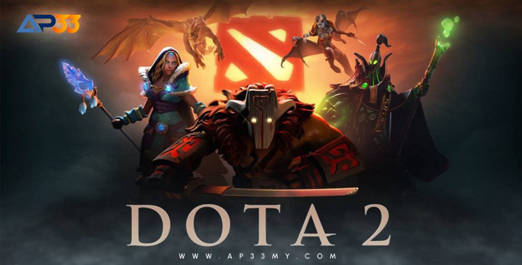 An advertisement for the video game "DOTA 2." The image features several characters from the game, including Juggernaut in the foreground with a sword and mask, and Crystal Maiden, Vengeful Spirit, and Spectre in the background. The "DOTA 2" logo is prominently displayed at the bottom, and the "AP33" logo is in the top left corner.