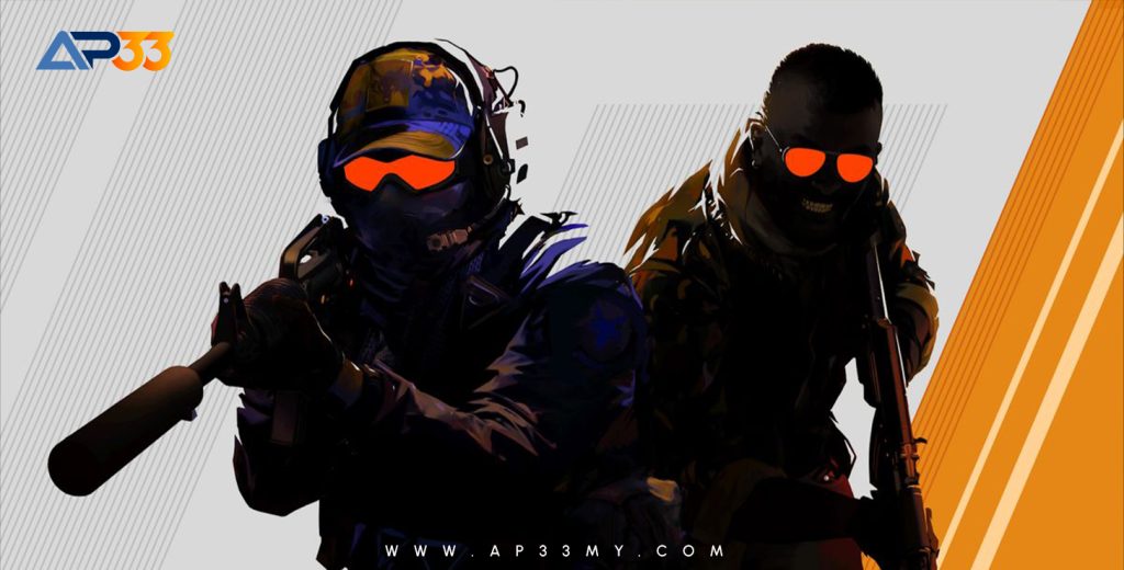 An advertisement for a first-person shooter game, featuring two combatants in military gear. The character on the left wears a helmet with glowing orange goggles. The character on the right is smiling and also has glowing orange goggles. Both are holding weapons. The "AP33" logo is in the top left corner, with a diagonal orange stripe in the background.