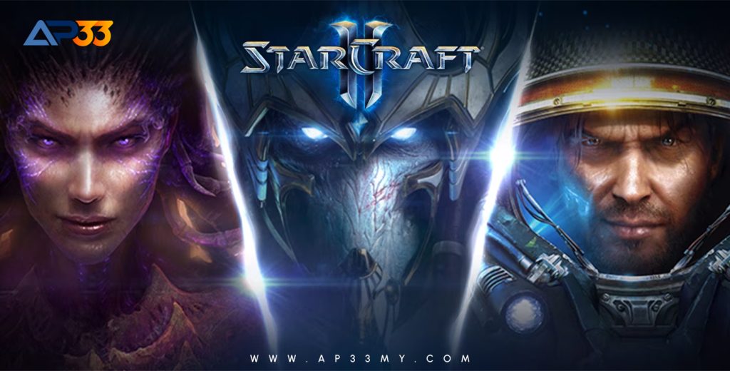 An advertisement for "StarCraft II" showing the three main characters from the game: Sarah Kerrigan, Artanis, and Jim Raynor. The game's logo is in the top center. Each character represents a different race from the game (Zerg, Protoss, and Terran). The "AP33" logo is in the top left corner.