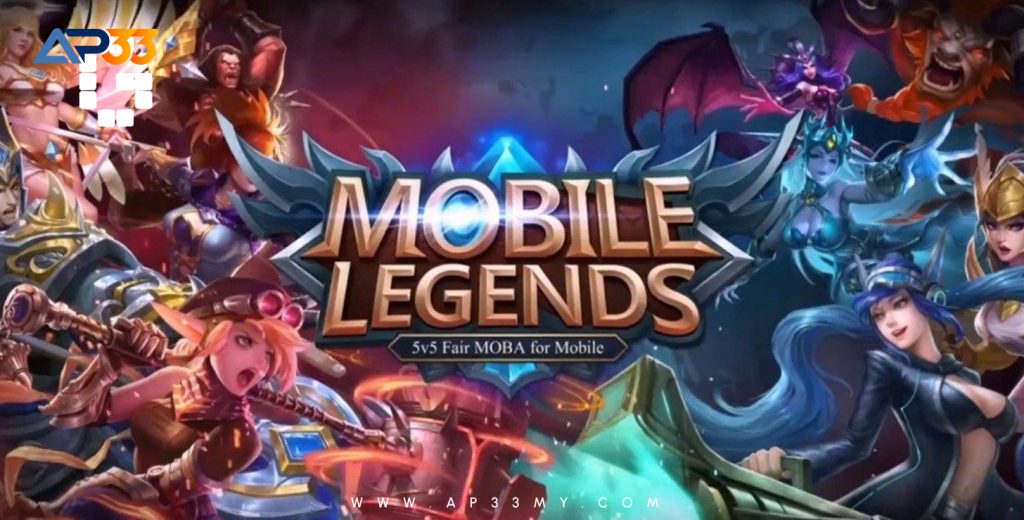 An advertisement for the video game "Mobile Legends" featuring a group of characters from the game arranged in a dynamic pose around the central title. The logo "MOBILE LEGENDS" is large and gold, with the text "5v5 Fair MOBA for Mobile" underneath. The "AP33" logo is in the top left corner.