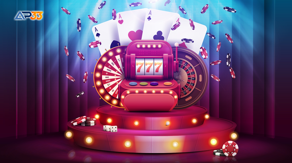 An advertisement for an online casino. The image shows a close-up of a roulette table with stacks of colorful poker chips. The background is a blurry array of casino lights and people. The "AP33" logo is in the top left corner.