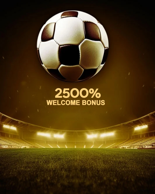 An advertisement for a sports betting service. The image features a soccer ball with a golden glow at the top, a grassy soccer field, and the stands of a stadium in the background. The text "2500% WELCOME BONUS" is in bold, golden letters in the center of the image. The stadium is lit by bright spotlights, and the overall color scheme is golden and black. The "AP33" logo is in the bottom center.