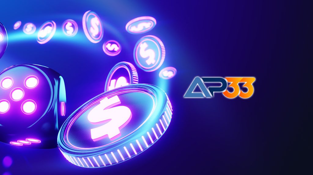 An advertisement for a casino. The image shows a sleek, modern casino hall with circular gaming tables and plush seating. The space is well-lit with blue and purple lighting, giving it a futuristic feel. Large, floor-to-ceiling windows show a dense, lush, tropical jungle with waterfalls. The "AP33" logo is in the top left corner.