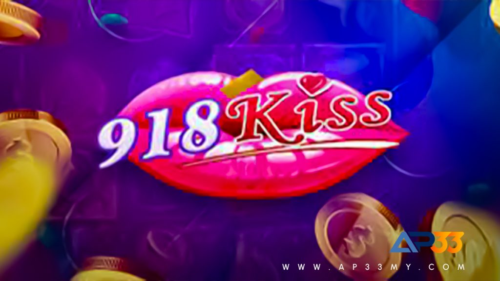 An advertisement for an online slot game called "918 Kiss." The image features a large, realistic, pair of shiny pink lips. The game's name is in the center, with the numbers "918" in white and "Kiss" in red. The background is a mix of swirling colors and floating, shiny gold coins. The "AP33" logo is in the bottom right corner.