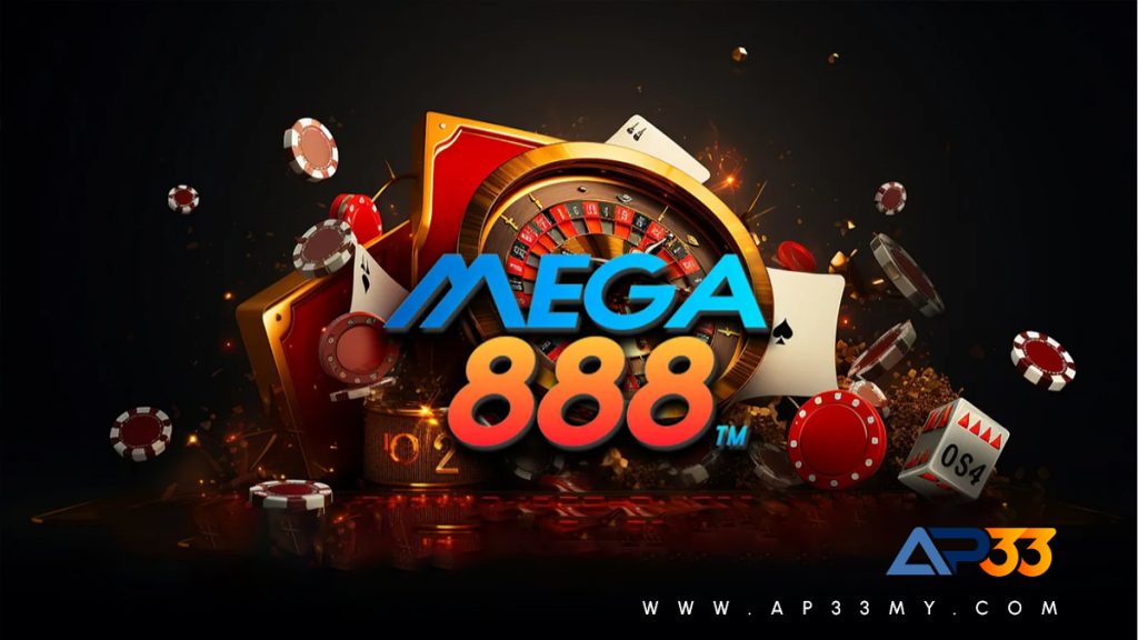 An advertisement for a casino. The image features the title "MEGA 888" in large, glowing, blue and orange letters. The letters are in the foreground, with a roulette wheel, playing cards, dice, and poker chips floating around them. The background is a mix of gold and red, creating a sense of action and excitement. The "AP33" logo is in the bottom right corner.