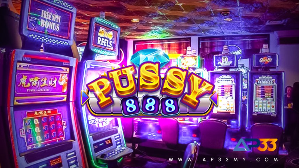 An advertisement for an online slot game called "Pussy 888." The game's name is in large, golden letters with a purple outline. The word "Pussy" is at the top, with "888" underneath it. The background is a blurry image of a casino floor with a large, glowing, blue diamond above the title. The "AP33" logo is in the bottom right corner.